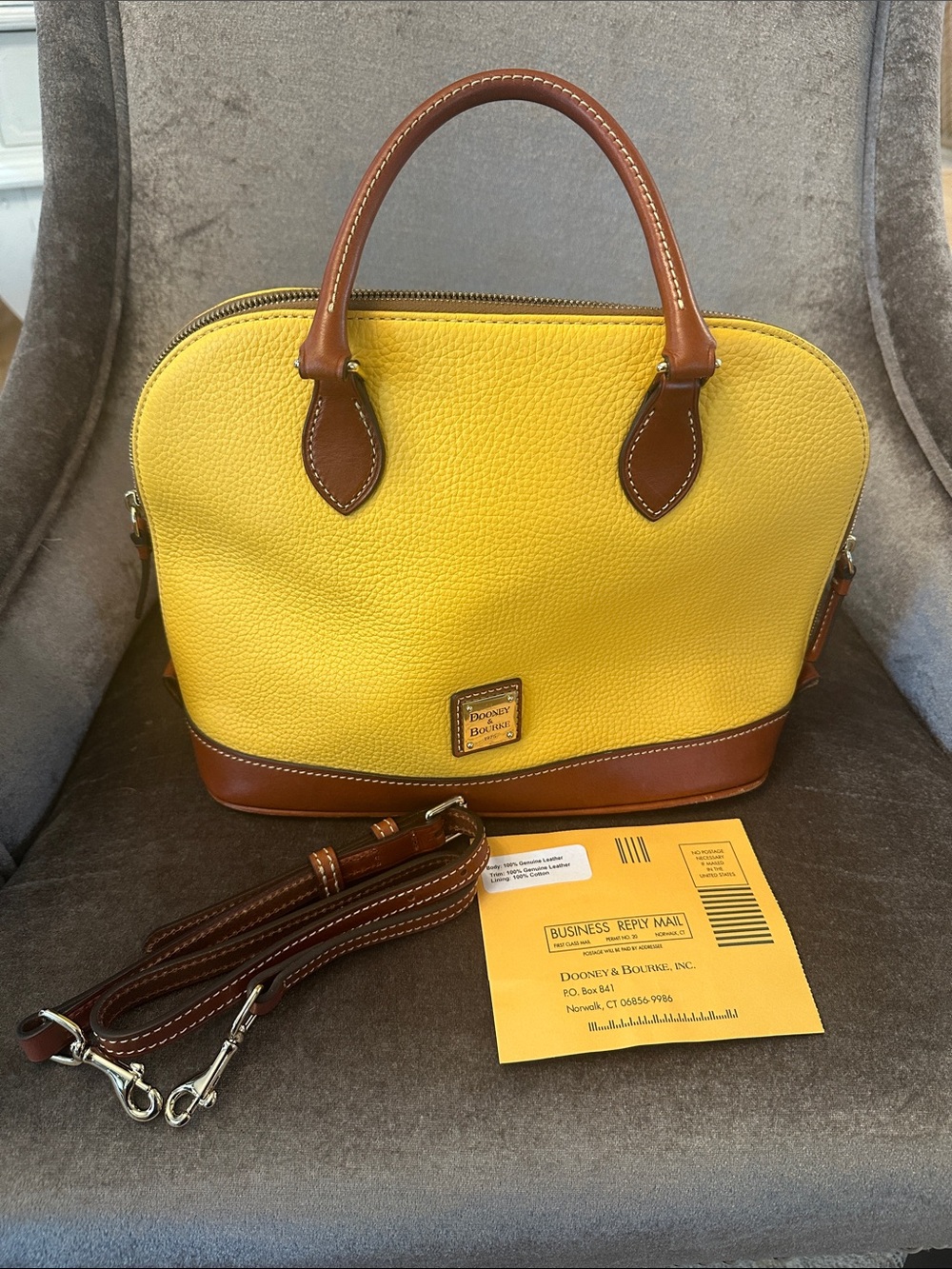 Dooney & Bourke Yellow Leather Satchel with Brown Trim